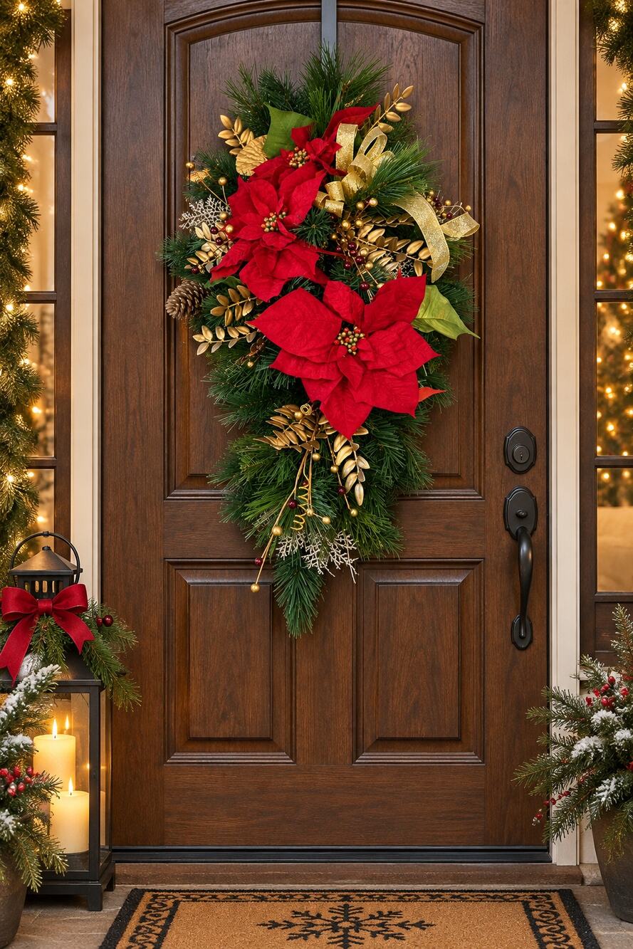 Handmade 36" Christmas Teardrop Swag Red Poinsettia Gold Door Wreath